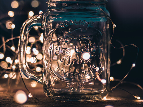 A glass jar with fairy lights