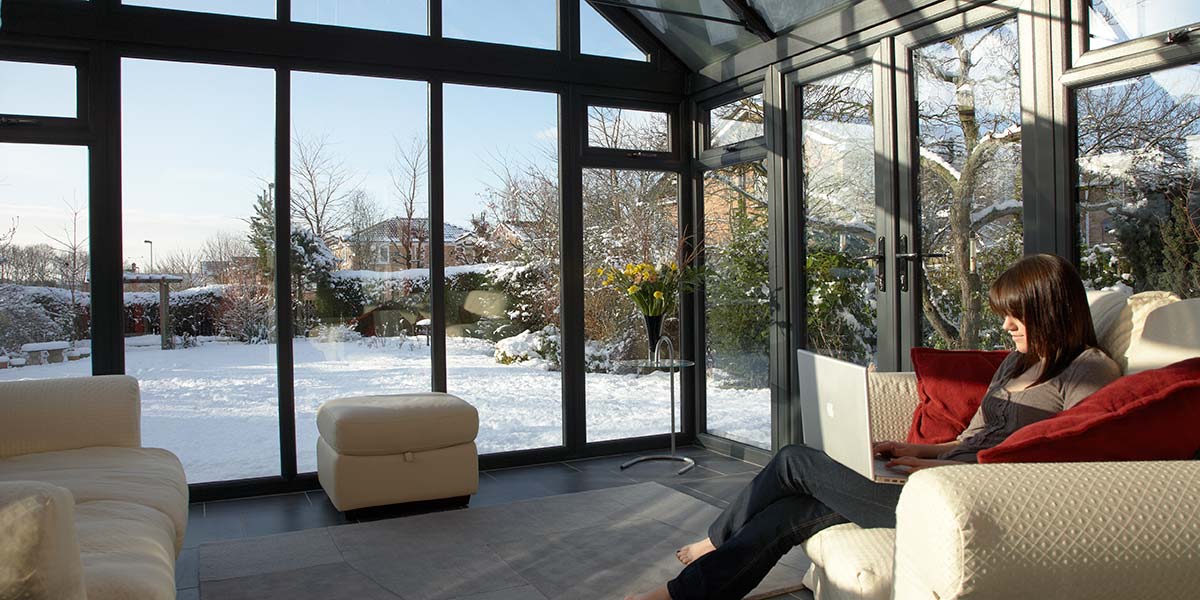 Grey Glass-to-Floor Conservatory Internal View To Garden